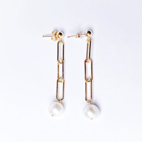 Pearl Post Drop Gold Earrings